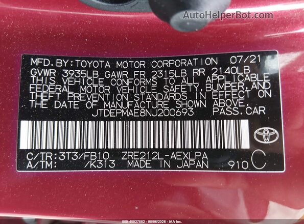 JTDEPMAE8NJ200693 2022 TOYOTA LL Red Вид підкапотного простору
