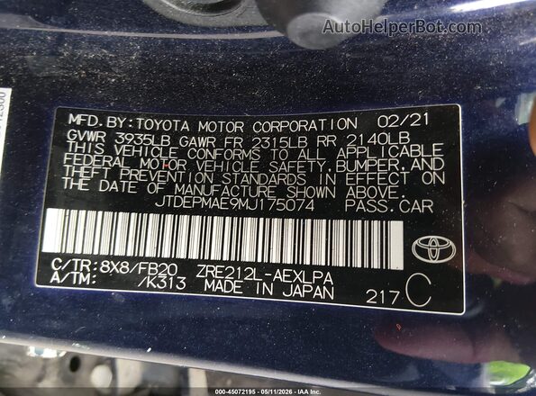 JTDEPMAE9MJ175074 2021 TOYOTA LL Blue Շարժիչի բաժամունքի տեսք