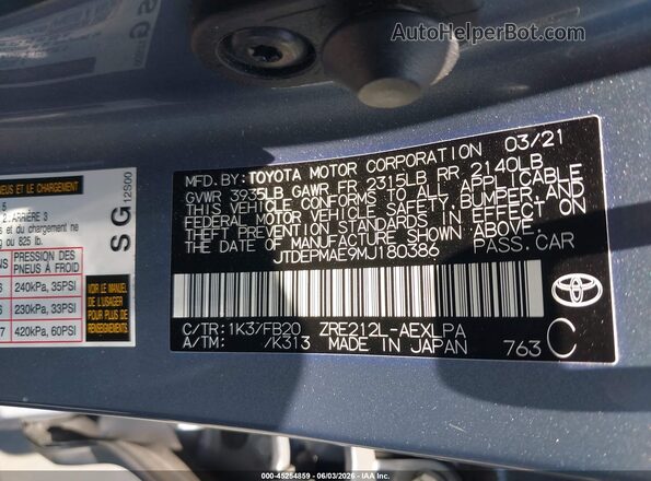 JTDEPMAE9MJ180386 2021 TOYOTA COROLLA Gray 