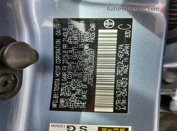 JTDEPRAE0LJ032087 2020 TOYOTA COROLLA Turquoise VIN კოდის სტიკერის ხედი
