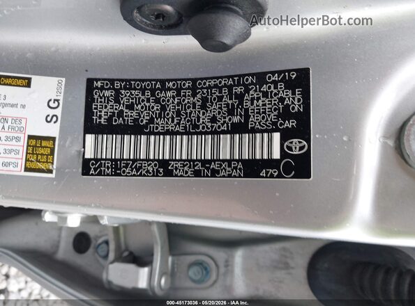 JTDEPRAE1LJ037041 2020 TOYOTA COROLLA Silver ძრავის განყოფილების ხედი