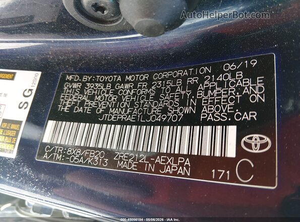 JTDEPRAE1LJ049707 2020 TOYOTA LL Blue 