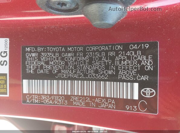 JTDEPRAE2LJ033662 2020 TOYOTA LL Red 