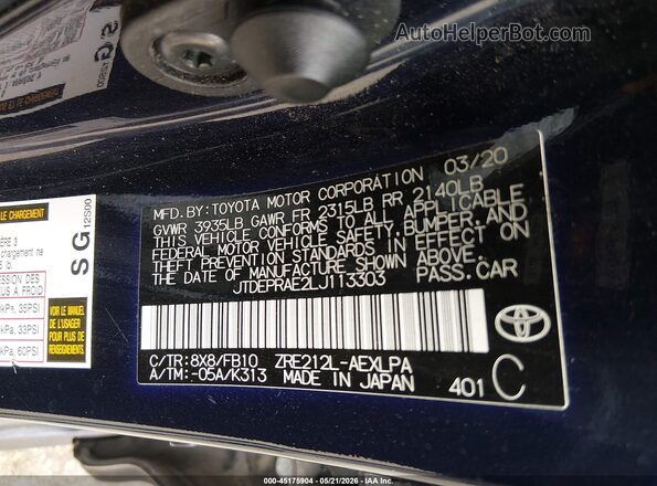 JTDEPRAE2LJ113303 2020 TOYOTA COROLLA Dark Blue 