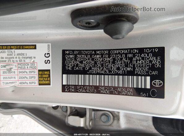 JTDEPRAE3LJ079811 2020 TOYOTA COROLLA Silver 