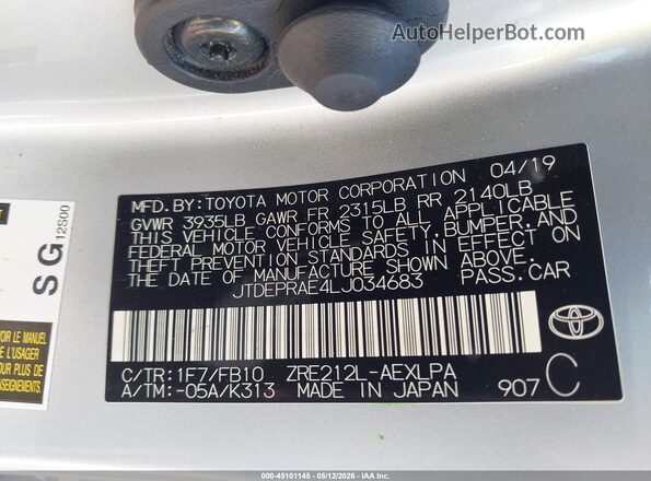 JTDEPRAE4LJ034683 2020 TOYOTA LL Silver Widok komory silnika