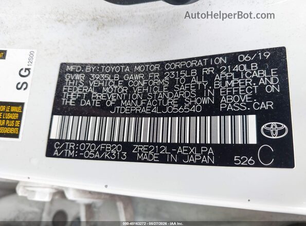 JTDEPRAE4LJ056540 2020 TOYOTA COROLLA Белый Вид подкапотного пространства