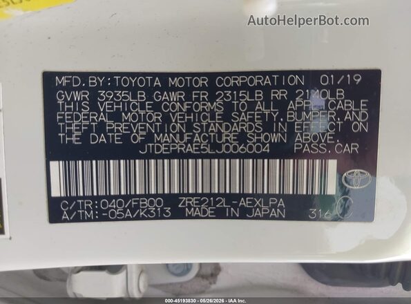 JTDEPRAE5LJ006004 2020 TOYOTA COROLLA White 