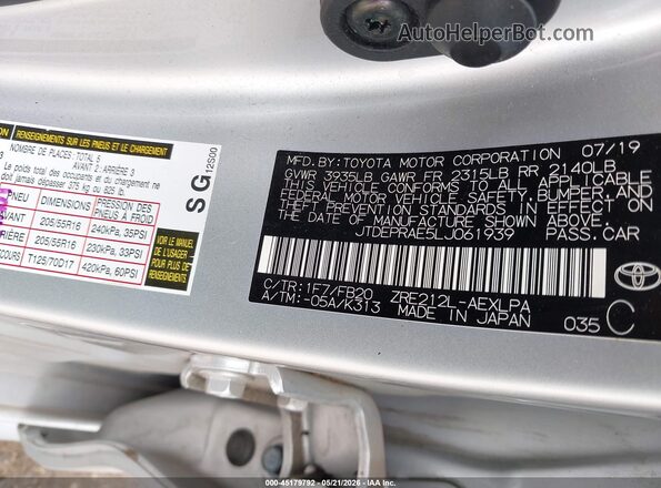 JTDEPRAE5LJ061939 2020 TOYOTA COROLLA Silver Շարժիչի բաժամունքի տեսք