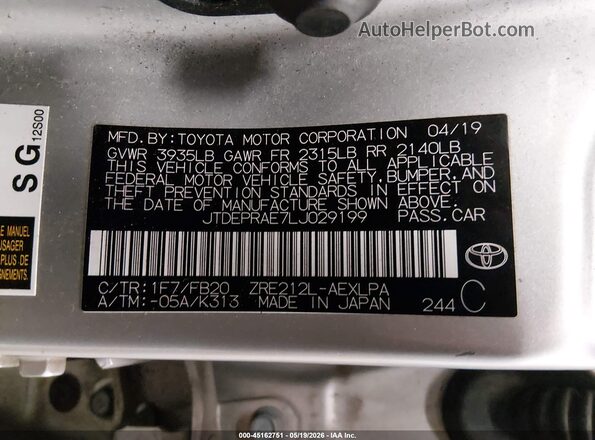 JTDEPRAE7LJ029199 2020 TOYOTA COROLLA Silver Widok komory silnika