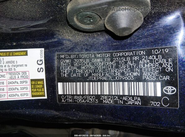 JTDEPRAE7LJ079603 2020 TOYOTA COROLLA Blue 
