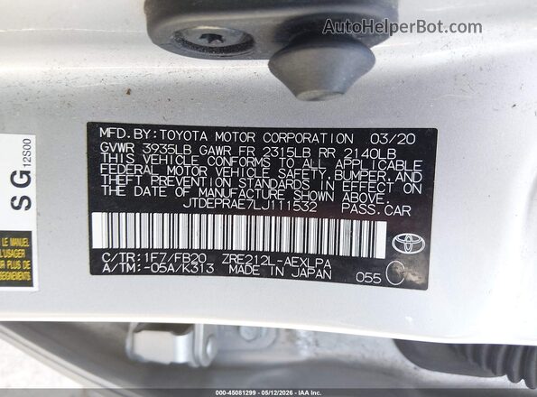JTDEPRAE7LJ111532 2020 TOYOTA LL Silver Vista del compartimento del motor