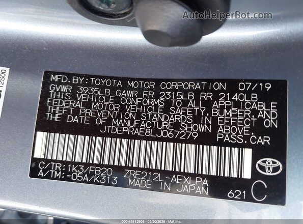 JTDEPRAE8LJ067279 2020 TOYOTA COROLLA Серый 