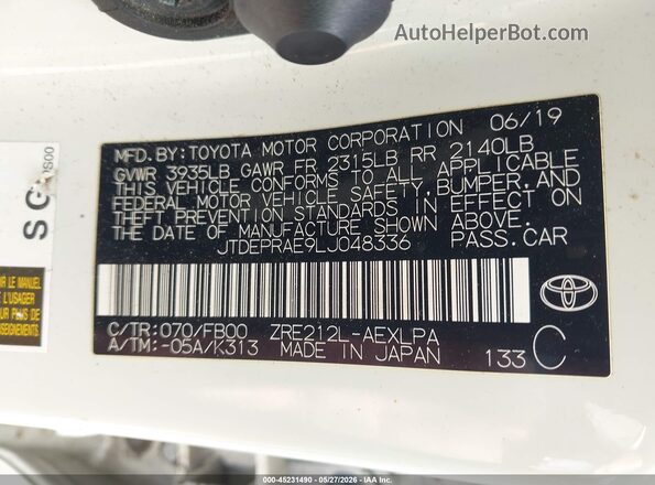 JTDEPRAE9LJ048336 2020 TOYOTA COROLLA White Engine compartment view