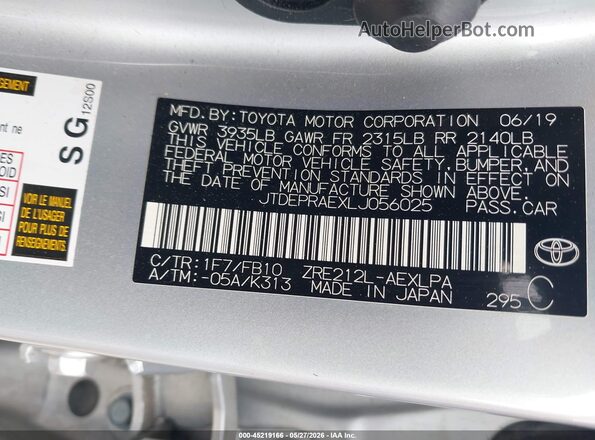 JTDEPRAEXLJ056025 2020 TOYOTA COROLLA Silver Շարժիչի բաժամունքի տեսք