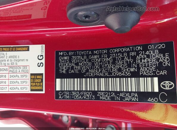 JTDEPRAEXLJ098436 2020 TOYOTA LL Red Vista del compartimento del motor