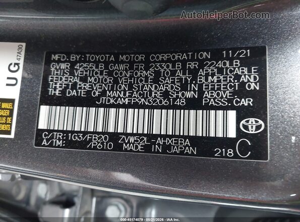 JTDKAMFP9N3206148 2022 TOYOTA PRIUS PRIME Gray Vista del compartimento del motor