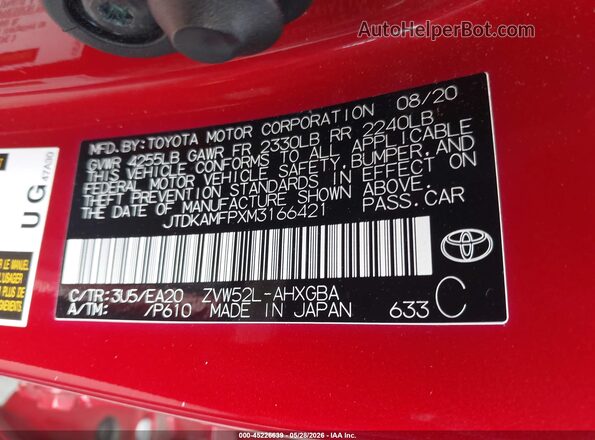 JTDKAMFPXM3166421 2021 TOYOTA PRIUS PRIME Red Engine compartment view
