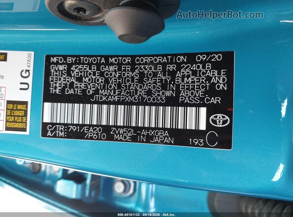 JTDKAMFPXM3170033 2021 TOYOTA PRIUS PRIME Teal 