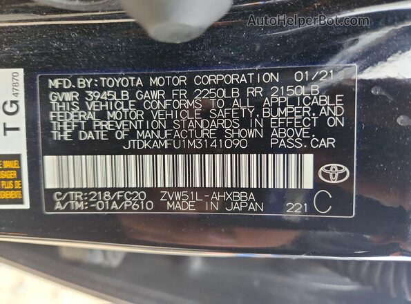 JTDKAMFU1M3141090 2021 TOYOTA PRIUS Black Vista del compartimento del motor