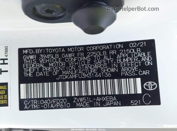 JTDKAMFU3M3144136 2021 TOYOTA LE White Շարժիչի բաժամունքի տեսք