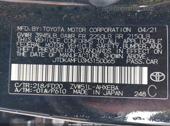 JTDKAMFU3M3150065 2021 TOYOTA LE Black Vista del compartimento del motor