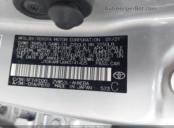 JTDKAMFU6M3141425 2021 TOYOTA LE Silver ძრავის განყოფილების ხედი