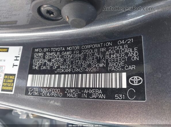 JTDKAMFU9M3149261 2021 TOYOTA PRIUS Gray Շարժիչի բաժամունքի տեսք