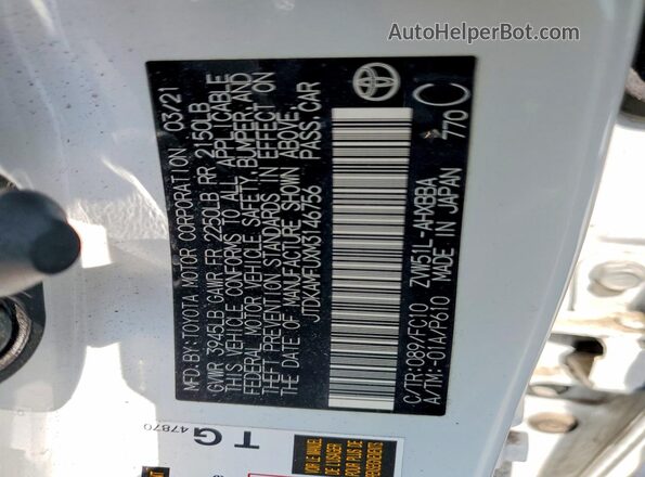 JTDKAMFUXM3146756 2021 TOYOTA PRIUS White 