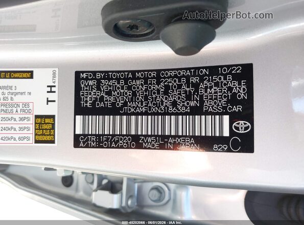 JTDKAMFUXN3186384 2022 TOYOTA PRIUS Silver ძრავის განყოფილების ხედი