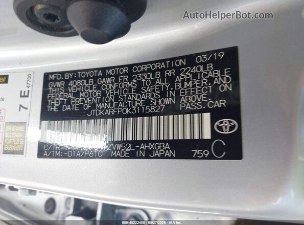 JTDKARFP0K3115827 2019 TOYOTA PRIUS PRIME Silver ძრავის განყოფილების ხედი