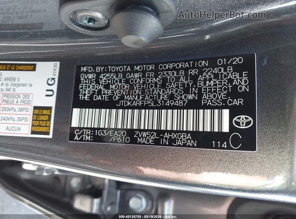 JTDKARFP5L3149487 2020 TOYOTA PRIUS PRIME Gray ძრავის განყოფილების ხედი