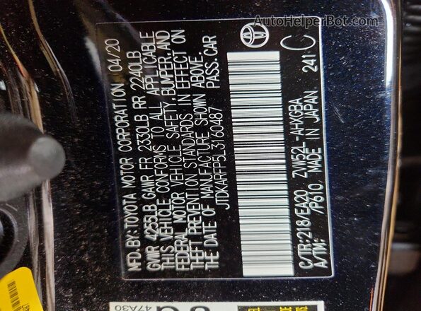 JTDKARFP5L3160487 2020 TOYOTA PRIUS Black VIN sticker view