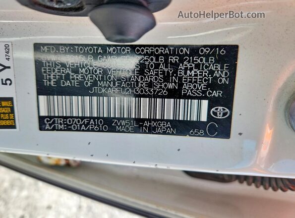 JTDKARFU2H3033726 2017 TOYOTA PRIUS White 