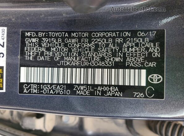 JTDKARFUXH3048331 2017 TOYOTA PRIUS Gray 