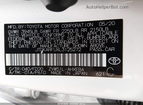 JTDKARFUXL3125272 2020 TOYOTA PRIUS White Engine compartment view