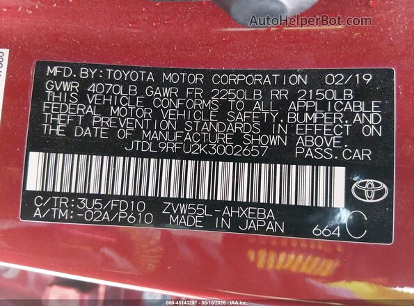 JTDL9RFU2K3002657 2019 TOYOTA PRIUS Red Widok komory silnika