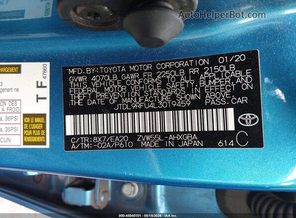JTDL9RFU4L3019459 2020 TOYOTA PRIUS Blue ძრავის განყოფილების ხედი