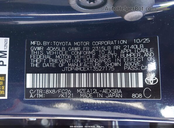 JTDP4MCEXT3527175 2026 TOYOTA COROLLA Blue 