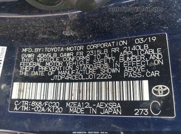JTDP4RCE0LJ012226 2020 TOYOTA LL Blue Vista del compartimento del motor