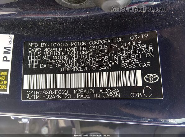 JTDP4RCE7LJ013468 2020 TOYOTA LL Blue Շարժիչի բաժամունքի տեսք