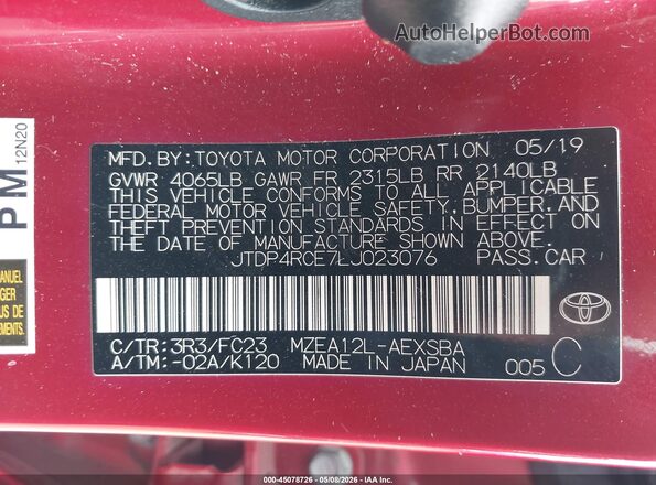 JTDP4RCE7LJ023076 2020 TOYOTA LL Красный Вид подкапотного пространства