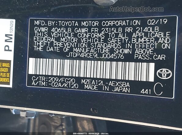 JTDP4RCE9LJ004576 2020 TOYOTA LL Black ძრავის განყოფილების ხედი