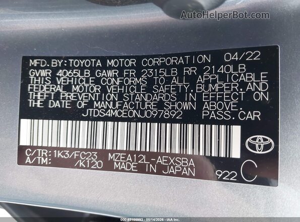 JTDS4MCE0NJ097892 2022 TOYOTA COROLLA Blue Շարժիչի բաժամունքի տեսք