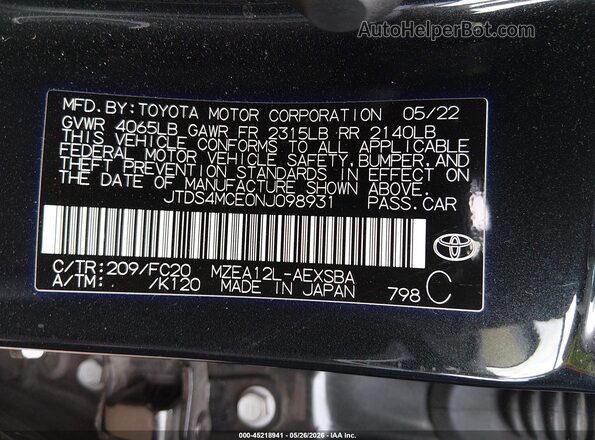 JTDS4MCE0NJ098931 2022 TOYOTA COROLLA Black Вид підкапотного простору