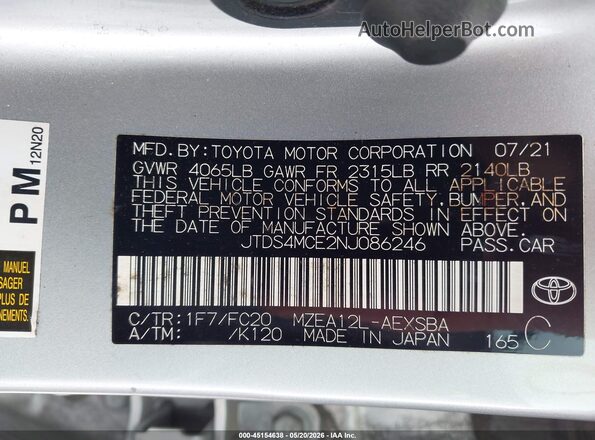 JTDS4MCE2NJ086246 2022 TOYOTA COROLLA Silver 