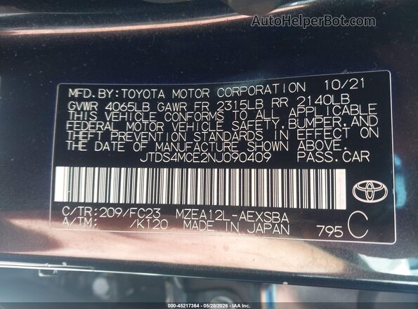 JTDS4MCE2NJ090409 2022 TOYOTA COROLLA Black Вид підкапотного простору