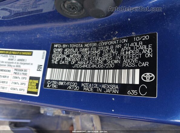 JTDS4MCE4MJ067230 2021 TOYOTA LL Blue 