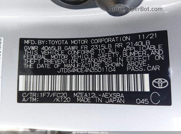 JTDS4MCE4N3501104 2022 TOYOTA COROLLA Silver ძრავის განყოფილების ხედი
