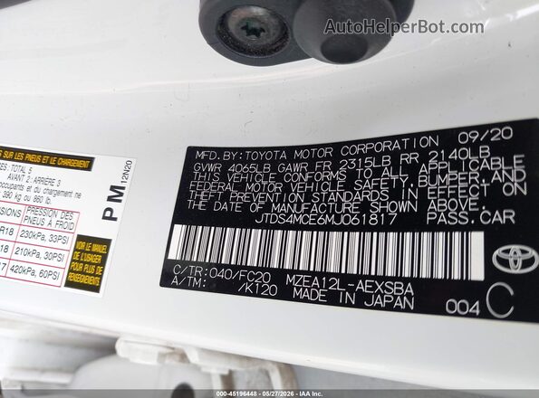 JTDS4MCE6MJ061817 2021 TOYOTA COROLLA White ძრავის განყოფილების ხედი